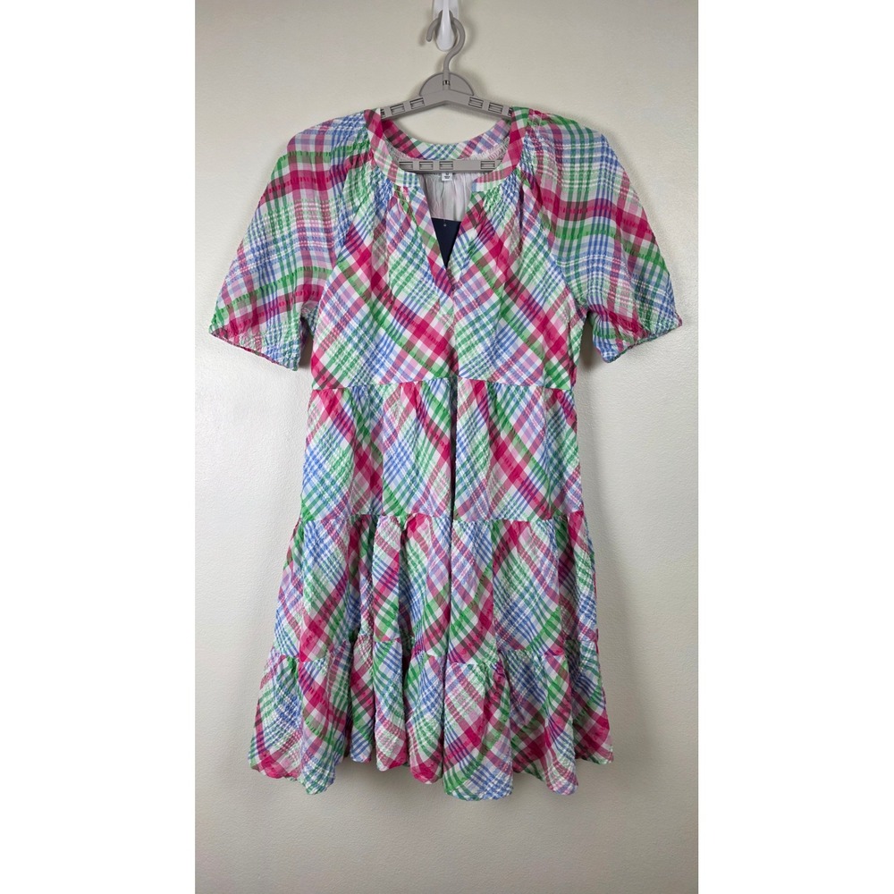 Crown & Ivy Dress Womens M Multi Plaid Seersucker Tiered V-Neck Pullover NWT
